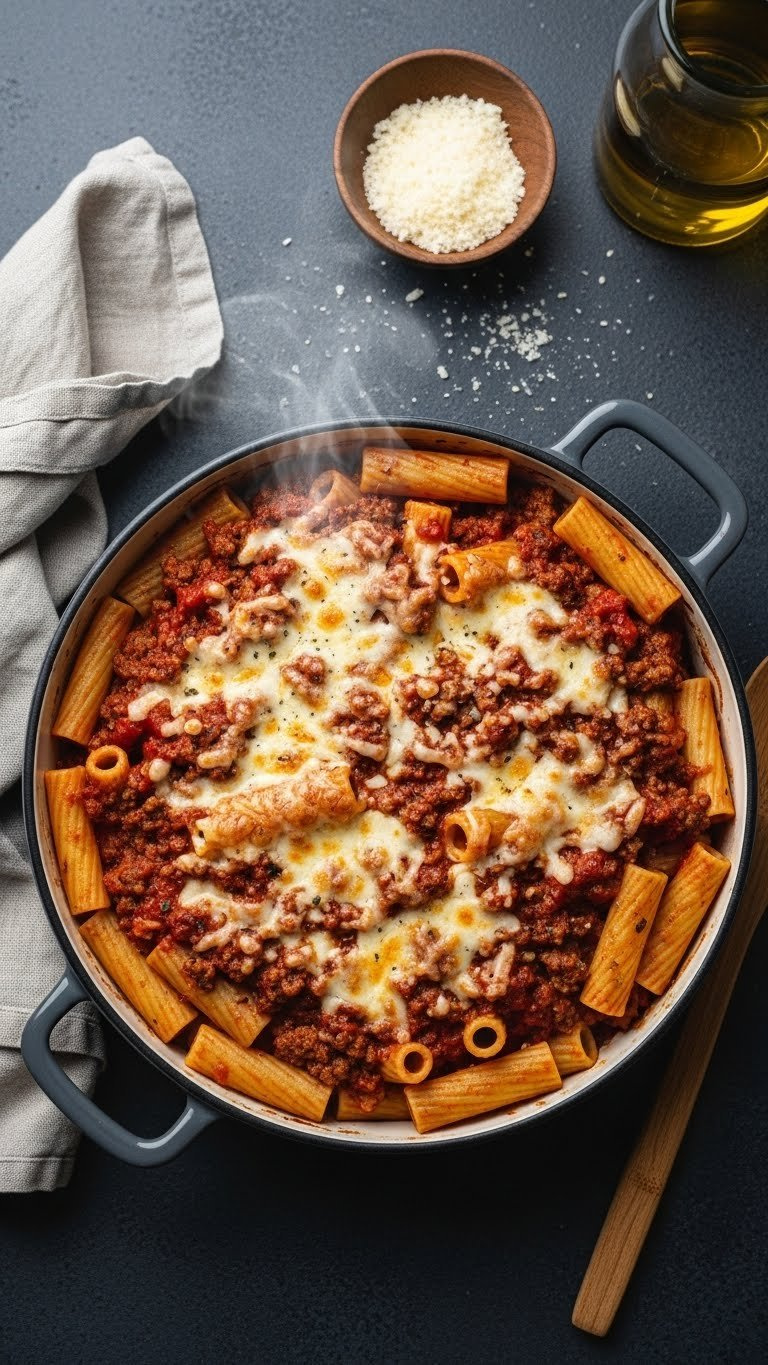 Hearty Ground Beef Tomato Rigatoni Bake With Bubbly Melted Cheese Topping In Dark Stone Baking Dish