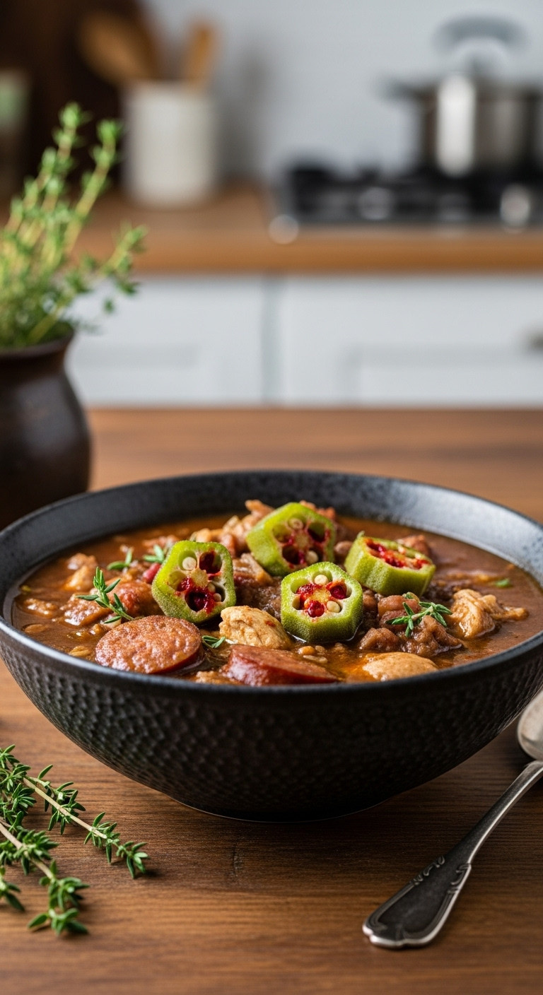 Hearty Gumbo With Sausage, Chicken, Okra, Paprika-Dusted Okra Skulls In Rustic Bowl, Thyme, Spoon, Wooden Table. Spooky Halloween.