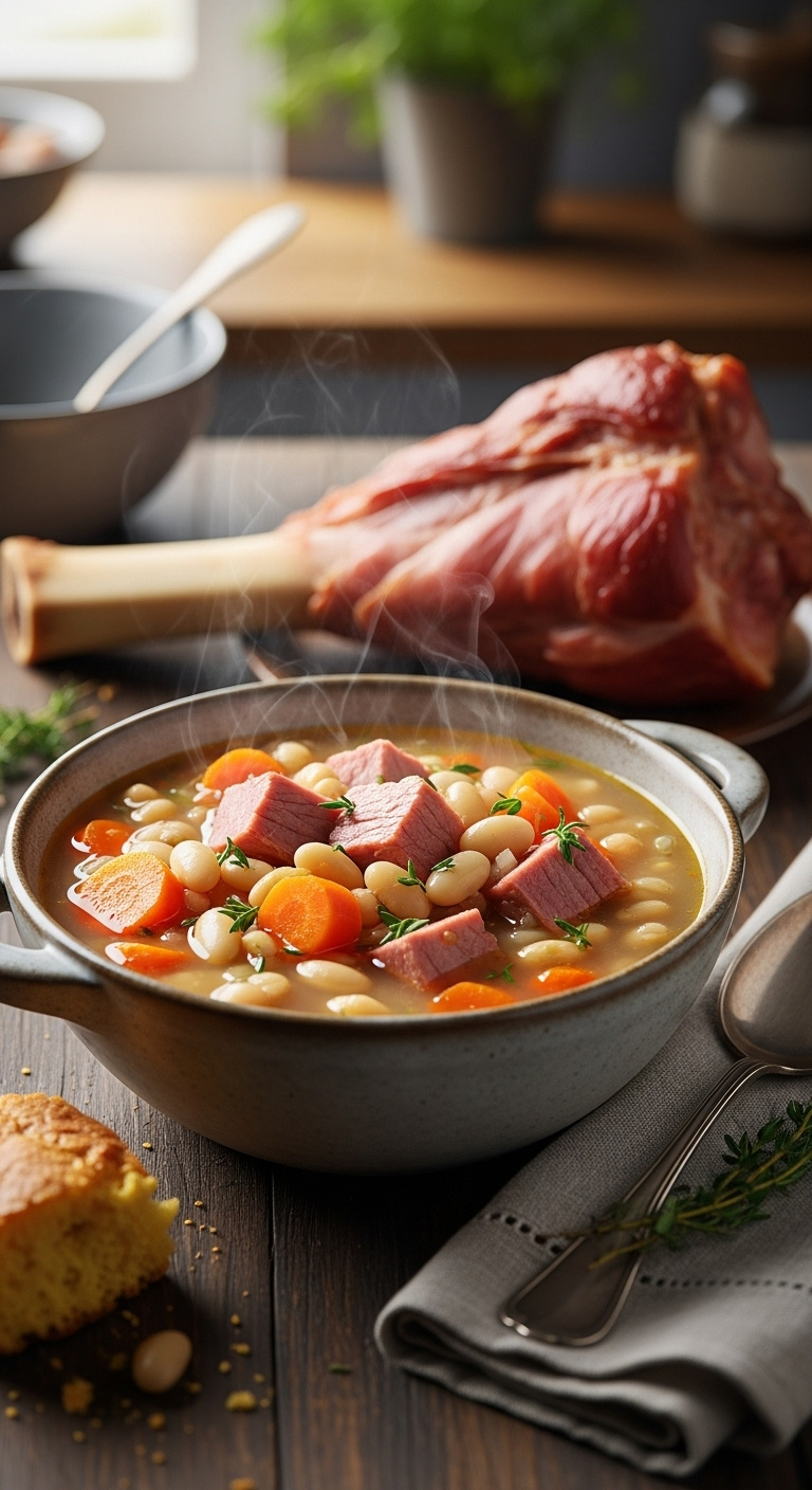 Hearty Ham And Bean Soup With A Ham Bone, Served In A Rustic Stoneware Bowl With Cornbread And A Vintage Spoon On A Wood Table.