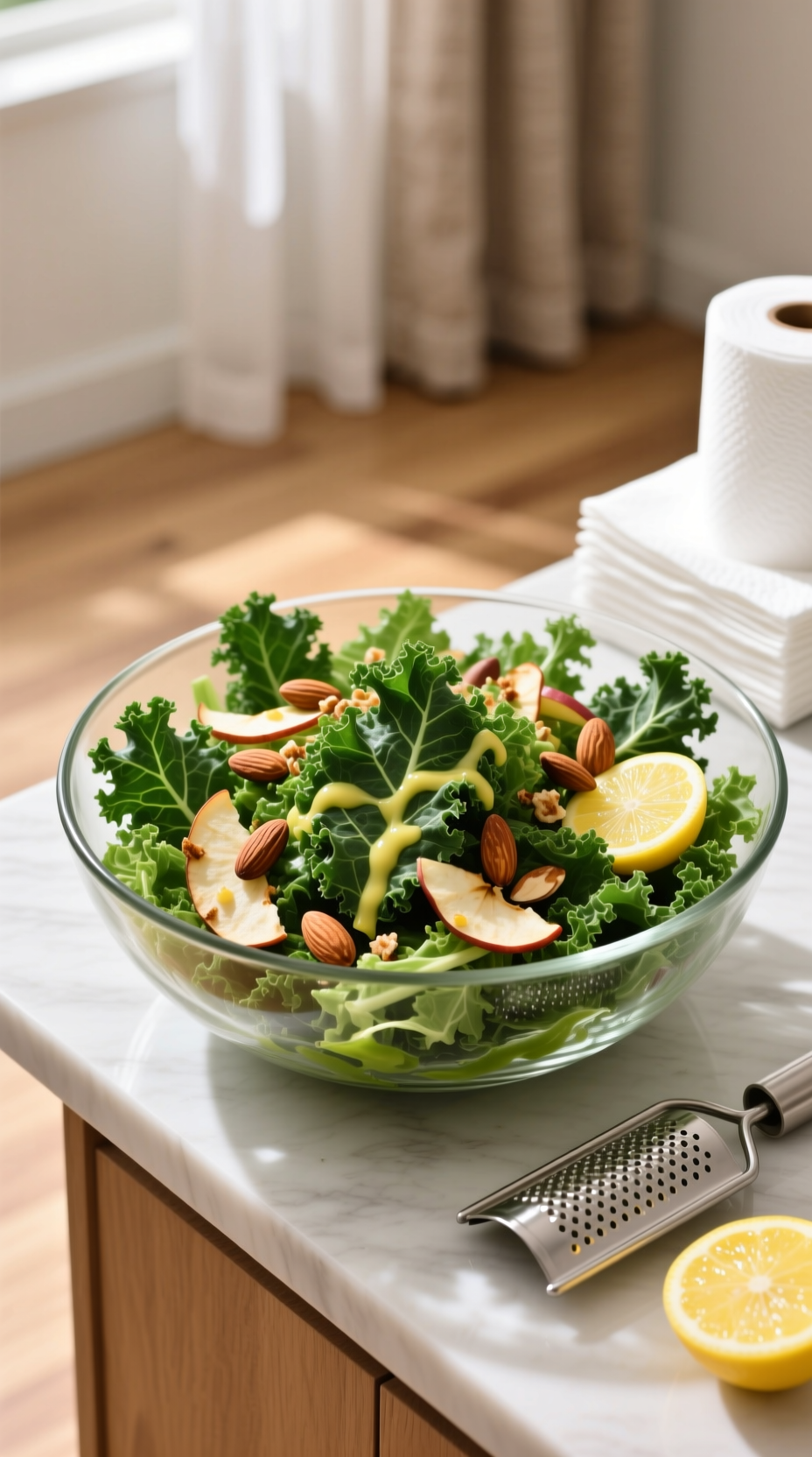 Hearty Kale Salad With Shredded Kale, Toasted Almonds, Dried Apple, And Bright Lemon Vinaigrette In Glass Bowl.