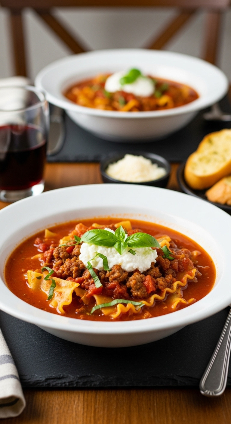 Hearty Lasagna Soup With Noodles Sausage Ricotta And Basil In A White Bowl On A Dark Placemat With Wine And Garlic Bread