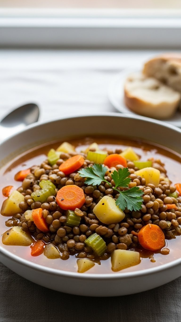 Hearty Lentil And Vegetable Soup With Parsley Garnish In Ceramic Bowl On Linen Tablecloth With Bread Slice