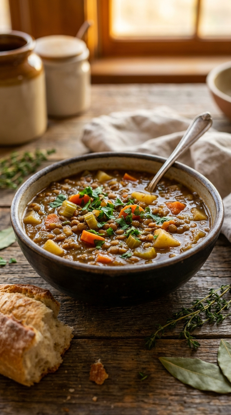 Hearty Lentil And Vegetable Stew With Brown Lentils, Carrots, Celery, Potatoes In Savory Broth Garnished With Fresh Parsley.