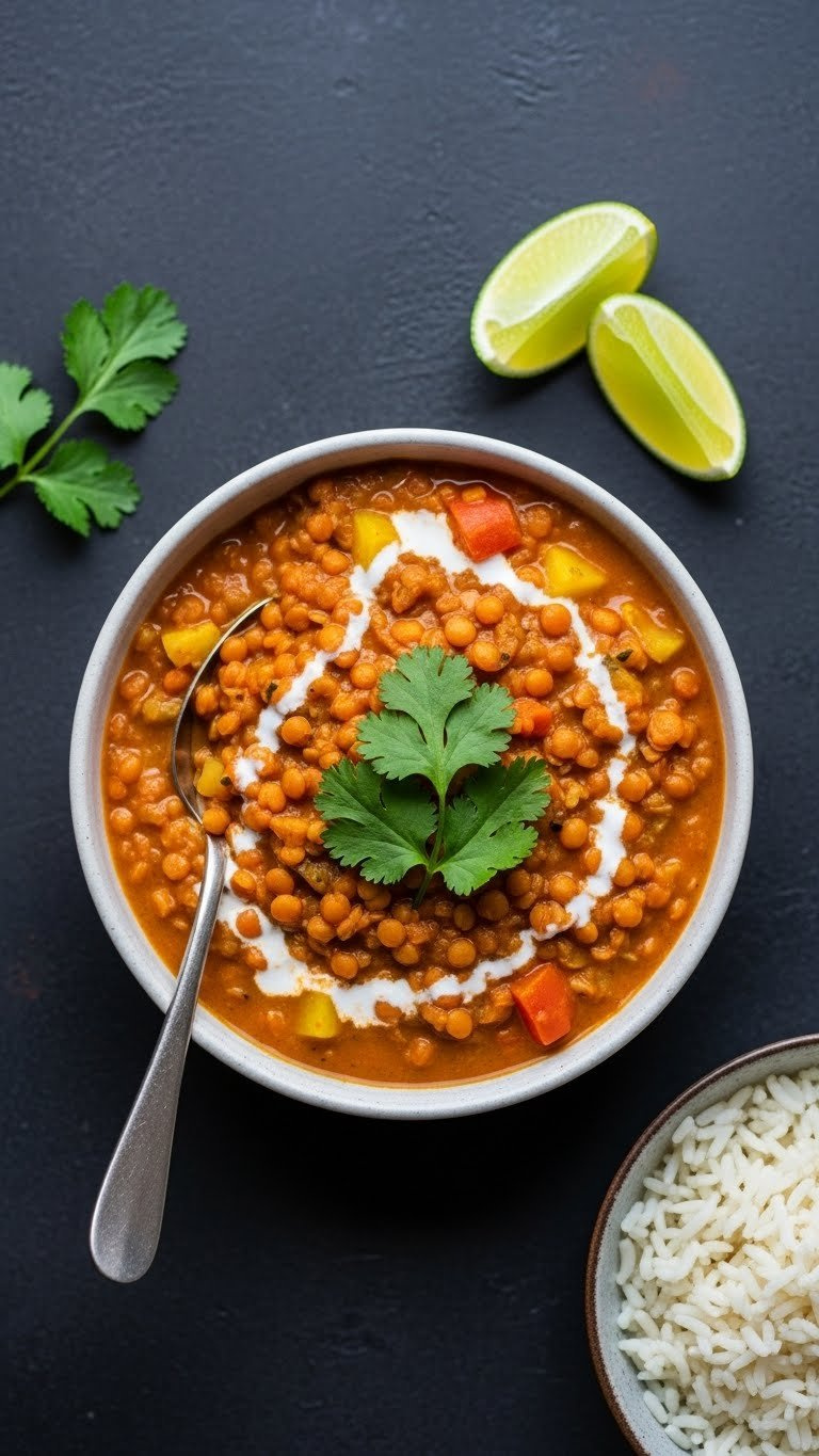 Hearty Lentil Curry In Ceramic Bowl With Red Lentils And Vegetables In Coconut Milk Base Garnished With Cilantro