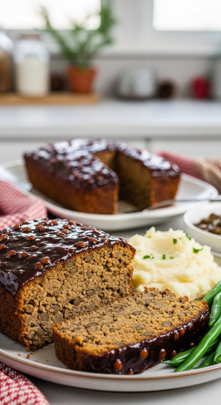 Hearty Lentil Loaf With Glistening Maple-Balsamic Glaze, Sliced, Served With Mashed Potatoes And Green Beans. Vegan Recipe.