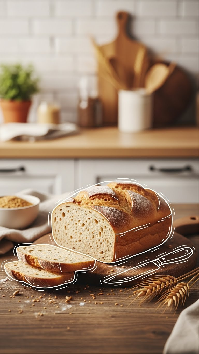 Hearty Loaf Of Bread Doodle With Rustic Texture On Wooden Table, Accompanied By Butter Knife And Wheat Stalks