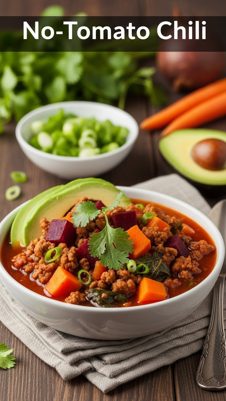 Hearty No-Tomato Chili With Ground Meat, Sweet Potatoes, And Carrots, Garnished With Fresh Cilantro And Avocado.