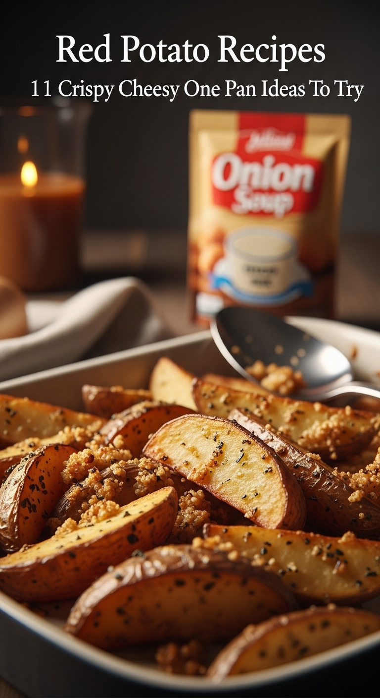 Hearty Onion Soup Mix Roasted Potatoes In A Home-Style Casserole Dish With A Craggy Seasoning Crust