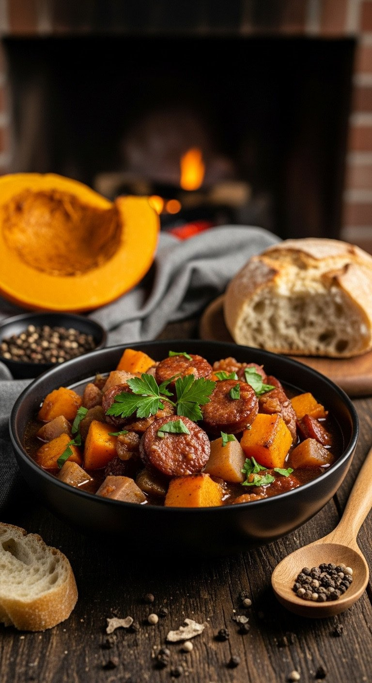 Hearty Pumpkin And Sausage Stew With Roasted Pumpkin Chunks, Root Vegetables, And Fresh Parsley In A Dark Ceramic Bowl.