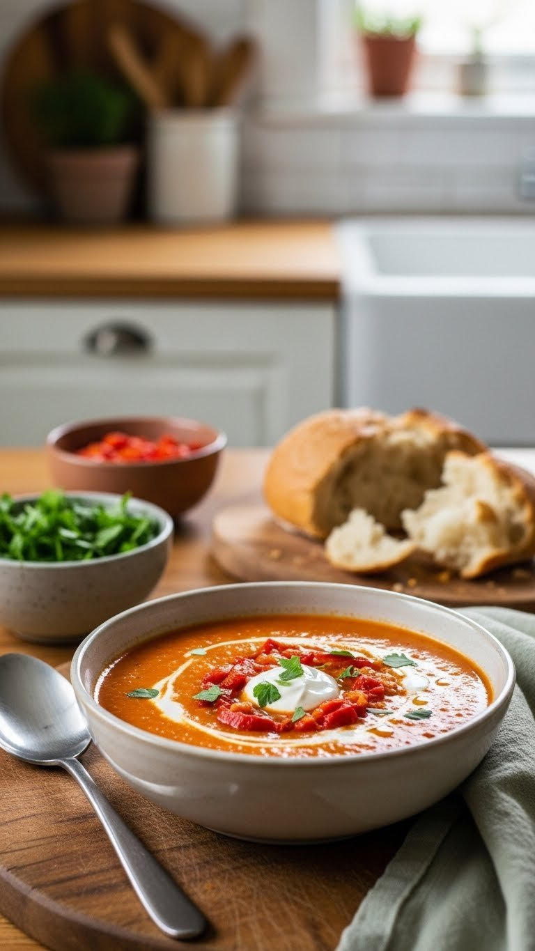 Hearty Roasted Red Pepper And Lentil Soup With Cream Swirl And Fresh Herbs In Rustic Ceramic Bowl On Wooden Cutting Board