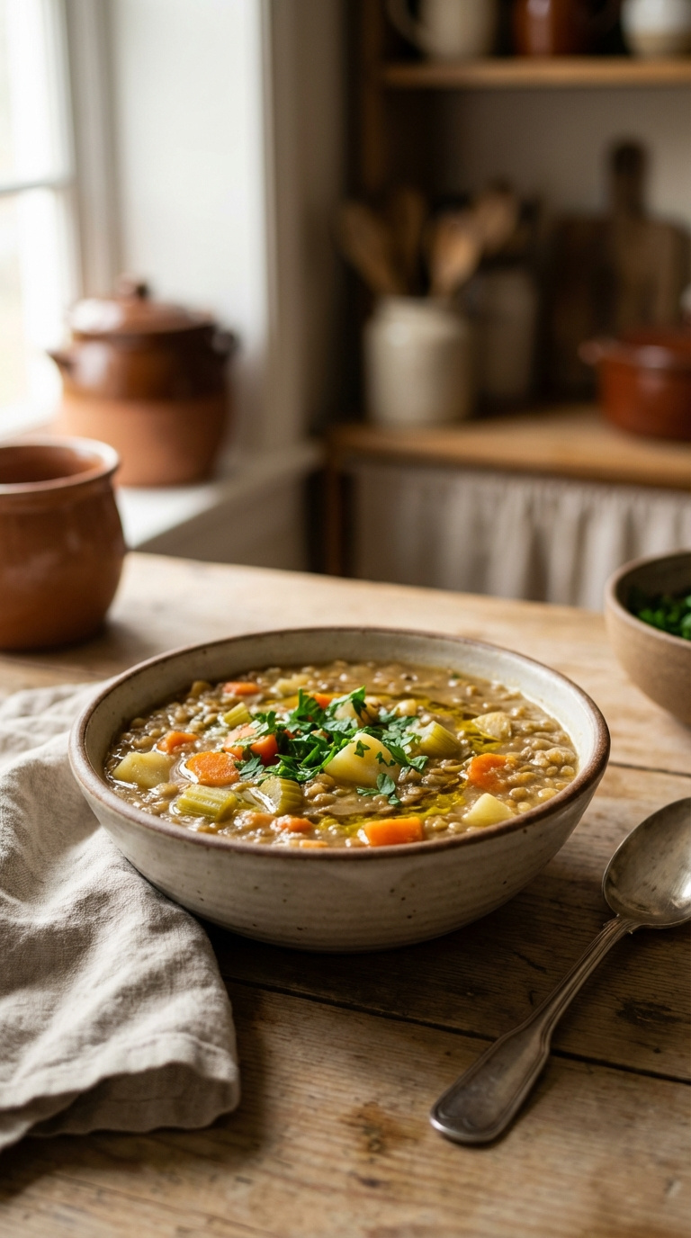 Hearty Rustic Lentil Vegetable Soup In Wooden Bowl With Parsley Garnish, Carrots, Celery, And Potatoes In Cozy Kitchen Setting