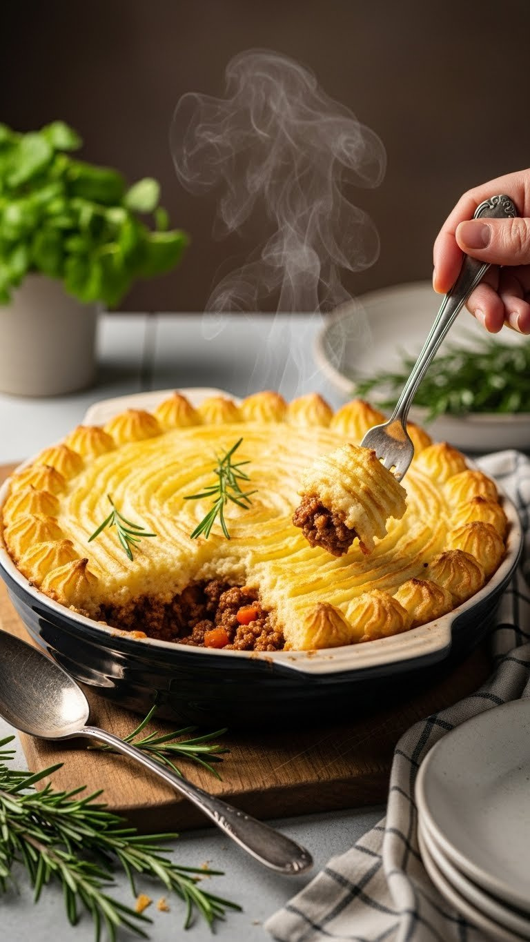 Hearty Shepherd's Pie With Golden Mashed Potato Topping And Savory Ground Beef Filling On Rustic Wooden Board