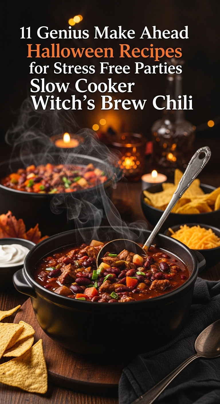 Hearty Slow Cooker Witch's Brew Chili Bubbling In A Rustic Cauldron Bowl, Emitting Steam. Perfect For A Cozy Halloween Party.