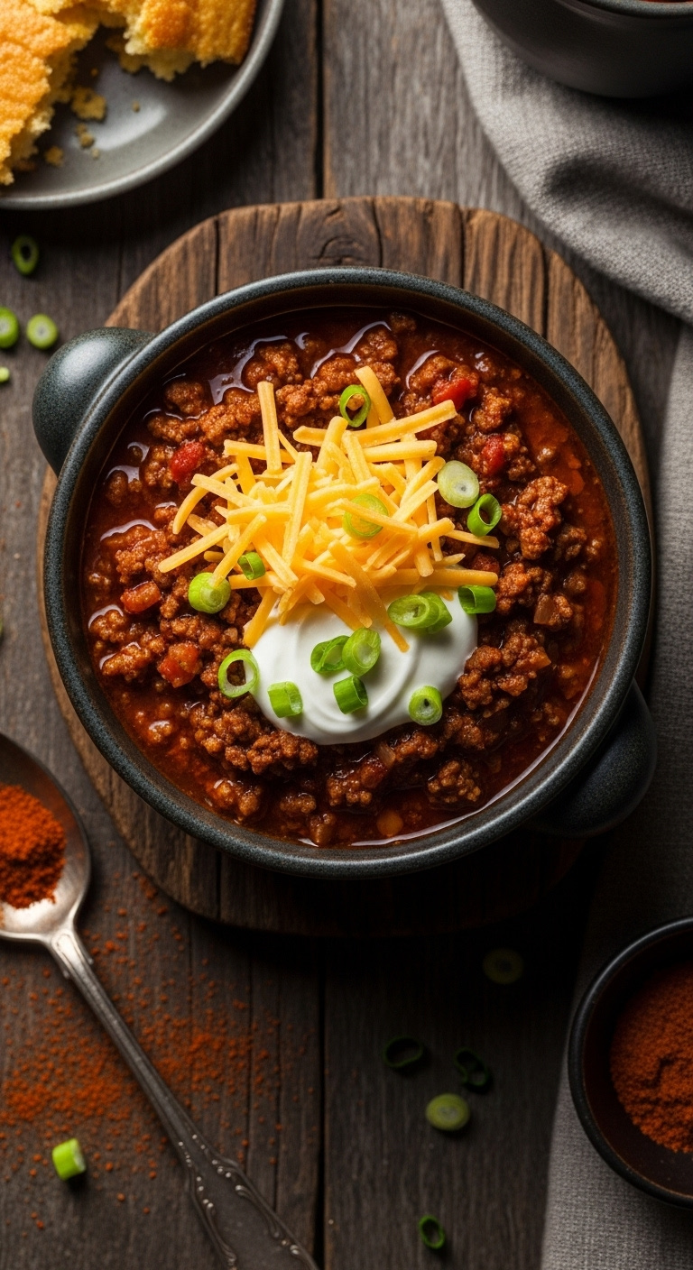 Hearty Slow Cooker Ground Beef Chili In A Dark Ceramic Bowl Topped With Cheddar Sour Cream And Green Onions With Cornbread On Wood