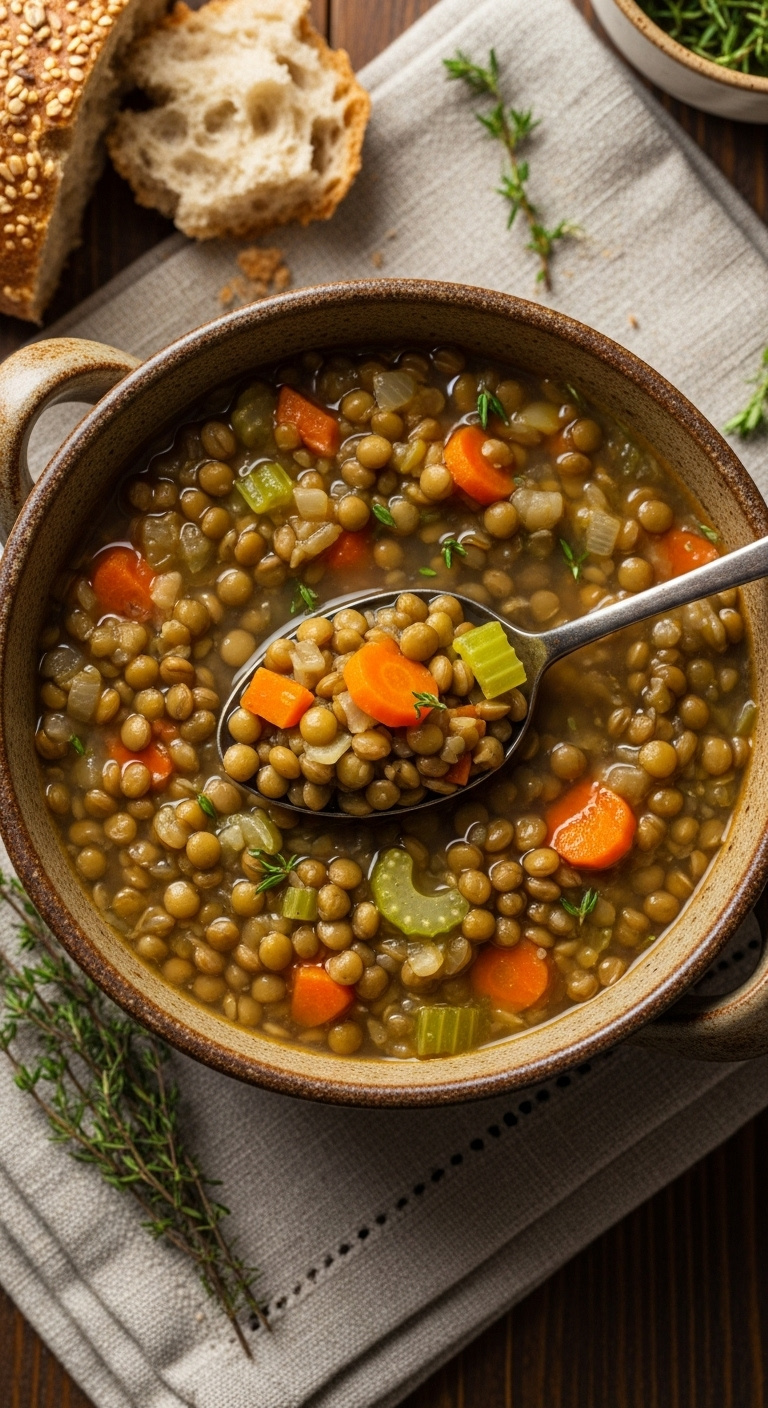 Hearty Slow Cooker Lentil Soup With Green Lentils, Carrots, And Celery, Served In An Earth-Toned Ceramic Bowl With Whole-Grain Bread.