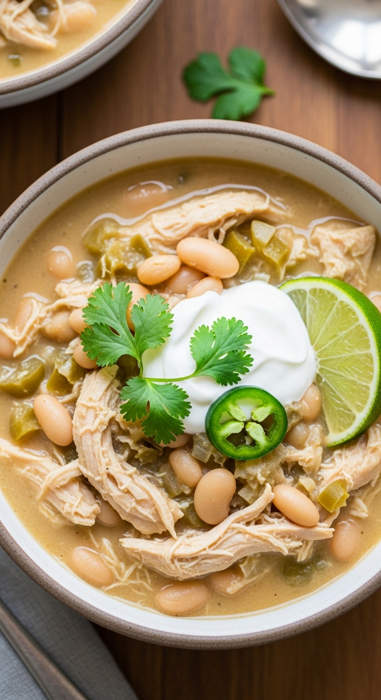 Hearty Slow Cooker White Chicken Chili With Sour Cream Cilantro And Lime