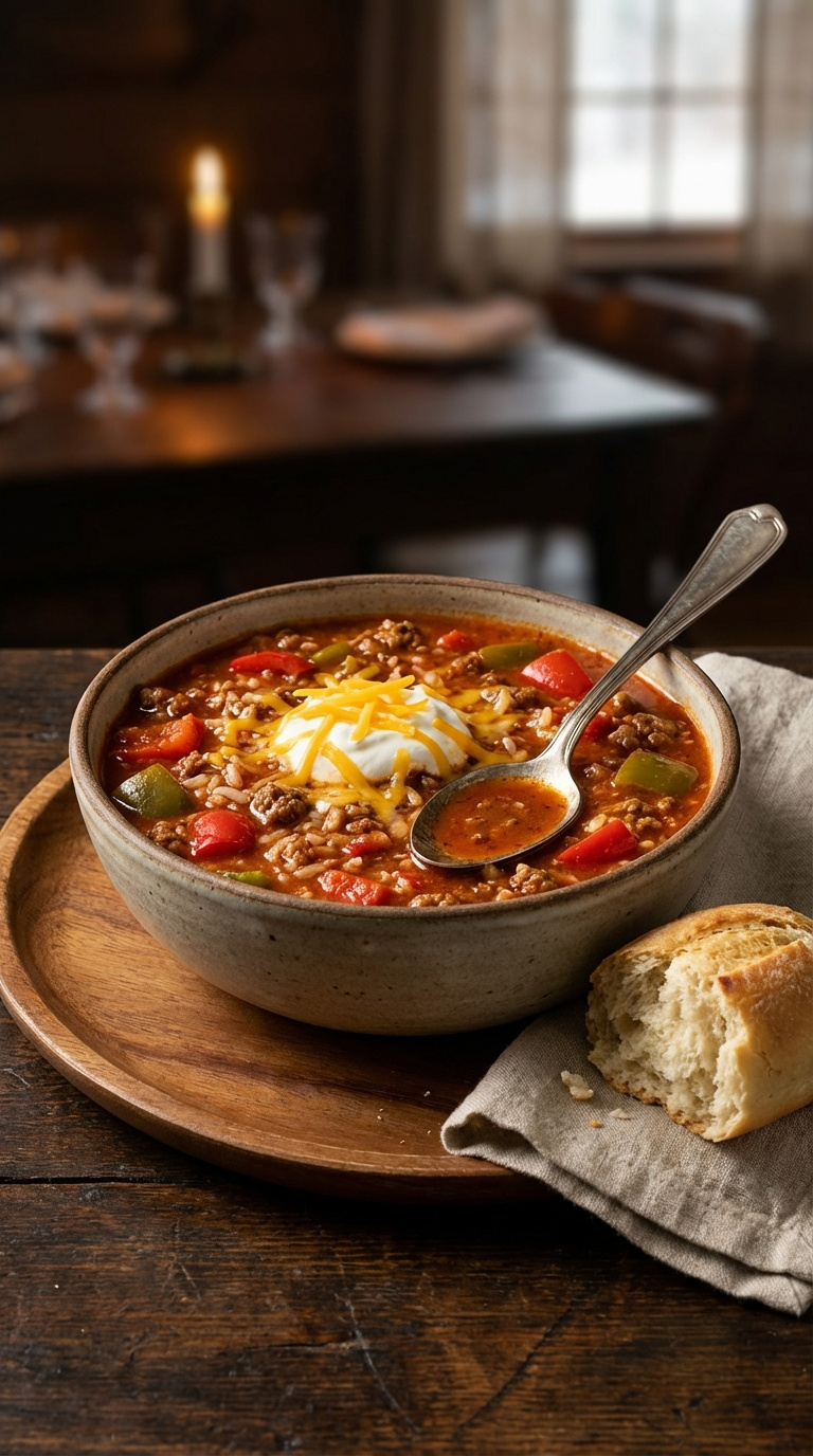 Hearty Stuffed Pepper Soup With Ground Beef, Rice And Bell Peppers In Rustic Stoneware Bowl.