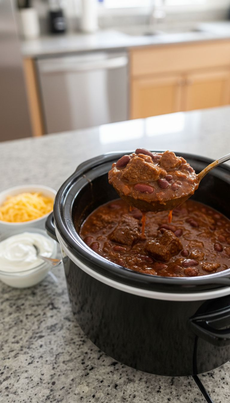 Hearty, Thick Red Chili Being Stirred In A Slow Cooker With A Ladle, Showing Tender Meat, Beans. Cheese, Sour Cream Nearby.