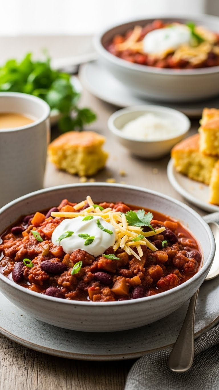 Hearty Vegetarian Baked Bean Chili In Textured Ceramic Bowl Topped With Sour Cream And Fresh Cilantro Garnish