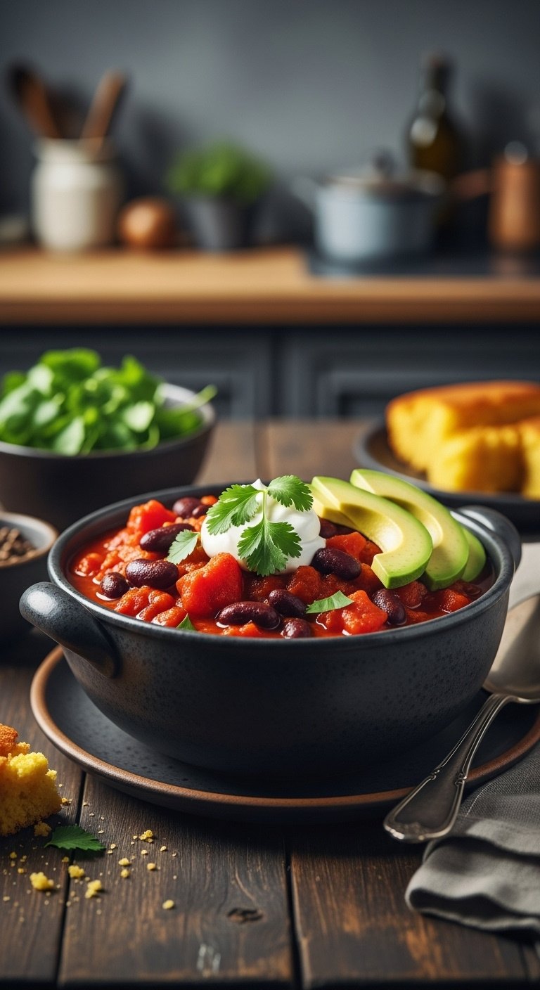 Hearty Vegetarian Chili In A Rustic Bowl With Sour Cream Cilantro And Avocado On A Dark Wood Table With Cornbread