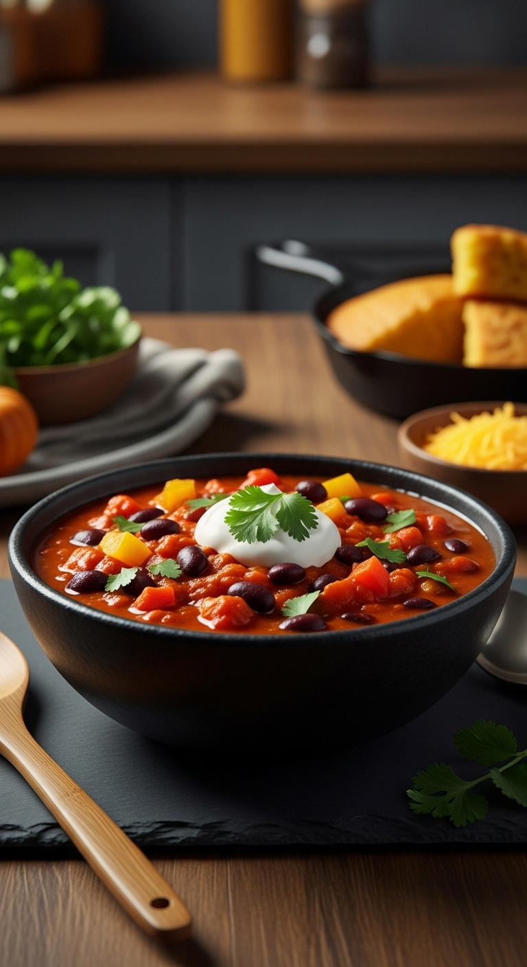 Hearty Vegetarian Pumpkin Chili With Sour Cream And Cilantro In A Stoneware Bowl With Cornbread And Cheddar Cheese On A Wooden Table