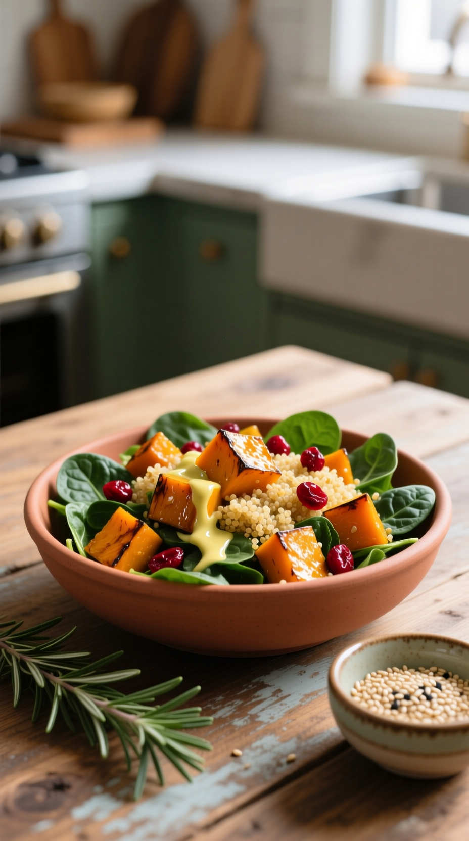 Hearty Winter Grain Salad: Roasted Butternut Squash, Quinoa, Spinach, Dried Cranberries, Lemon Tahini Dressing.