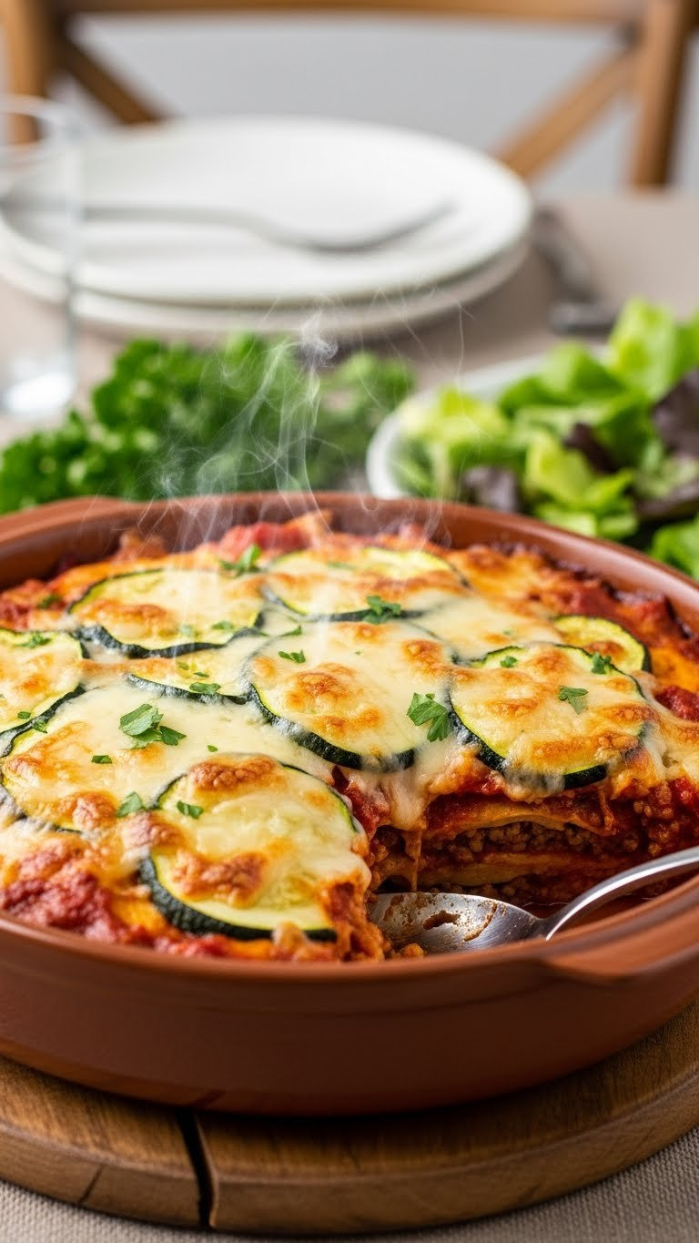 Hearty Zucchini Pizza Casserole Bubbling With Melted Cheese And Meat Sauce In Rustic Casserole Dish With Steam Rising
