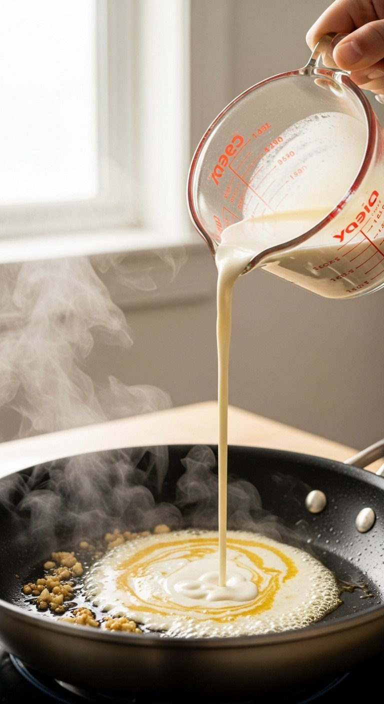 Heavy Cream Being Poured Into A Skillet With Sautéed Garlic Creating A Beautiful Swirling Sauce.