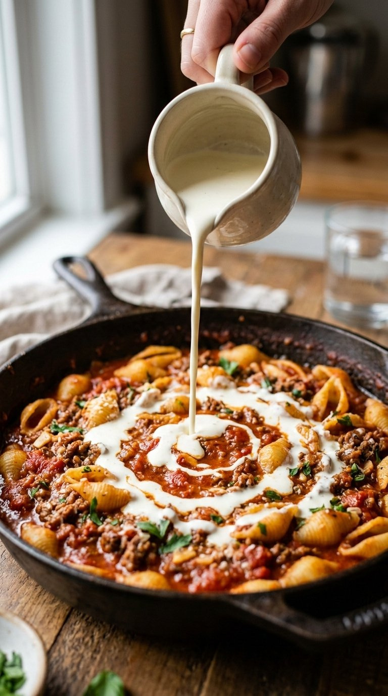 Heavy Cream Pouring In A Ribbon Stream Into A Skillet Of Cooked Beef And Shells Pasta With Red Tomato Sauce.
