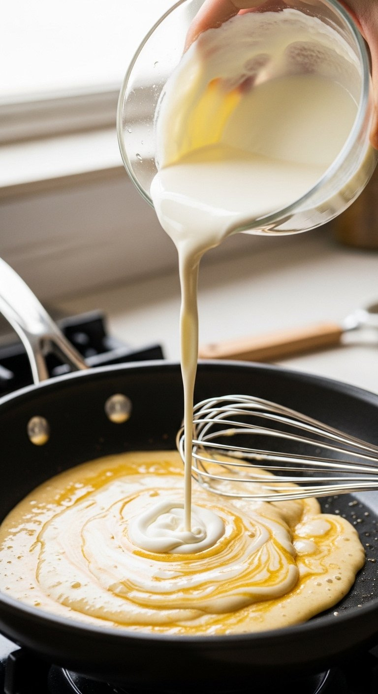 Heavy Cream Pouring Into A Skillet To Create A Rich, Swirling Cowboy Butter Sauce With A Whisk Resting Nearby.