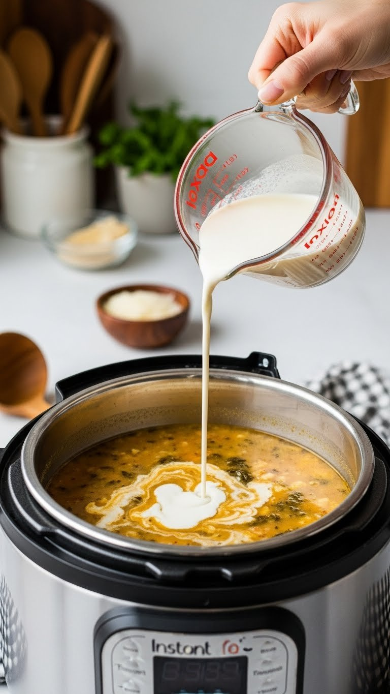 Heavy Cream Pouring Into Creamy Instant Pot Zuppa Toscana Soup, With A Wooden Ladle, Grated Parmesan, And Fresh Herb Garnish.