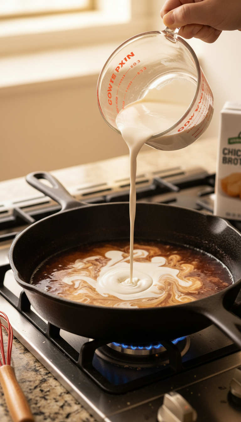Heavy Whipping Cream Pouring Into A Skillet And Swirling With Reduced Wine To Create A Rich Sauce.