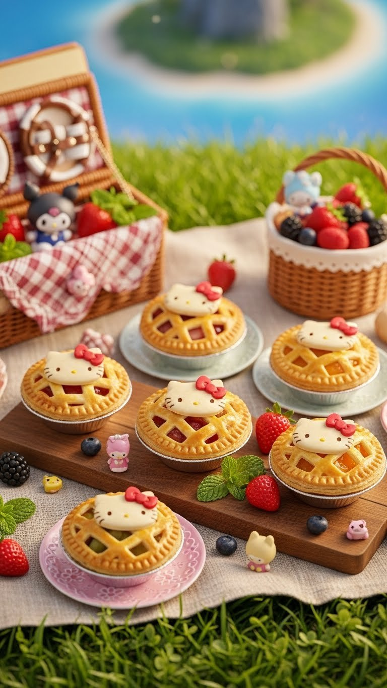 Hello Kitty Island Adventure-Inspired Mini Pies With Golden Crusts And Red Bow Decorations On Rustic Picnic Blanket.