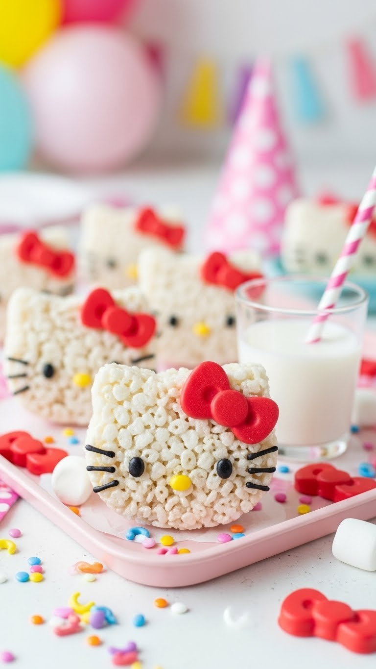 Hello Kitty Rice Krispie Treats With White Marshmallow Base And Red Bow Decoration On Pastel Pink Serving Tray.