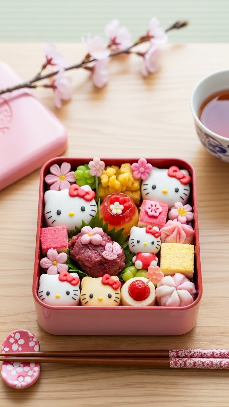 Hello Kitty Bento Box Dessert With Miniature Sweets And Japanese-Style Presentation Arranged In Pink Bento Box.