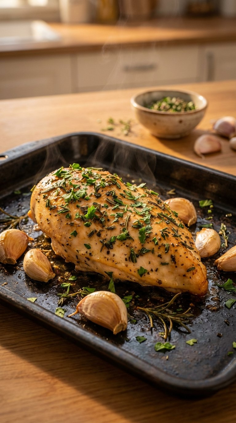 Herb-Crusted Baked Chicken Breast With Roasted Garlic Cloves On Dark Enamel Baking Sheet In Warm Kitchen Lighting