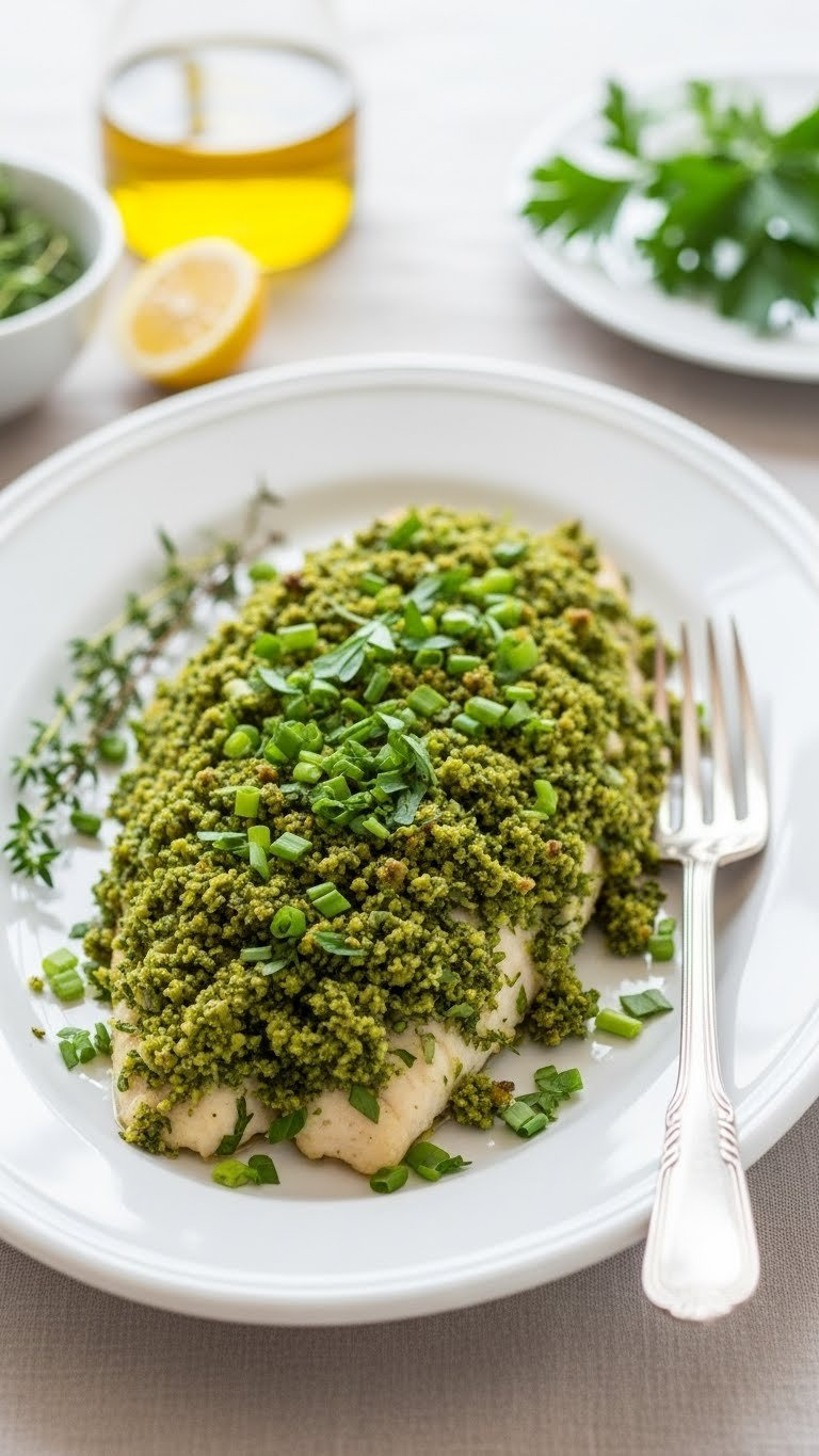 Herb-Crusted Baked Tilapia Fillet With Bright Green Parsley And Dill Crust On A White Oval Platter