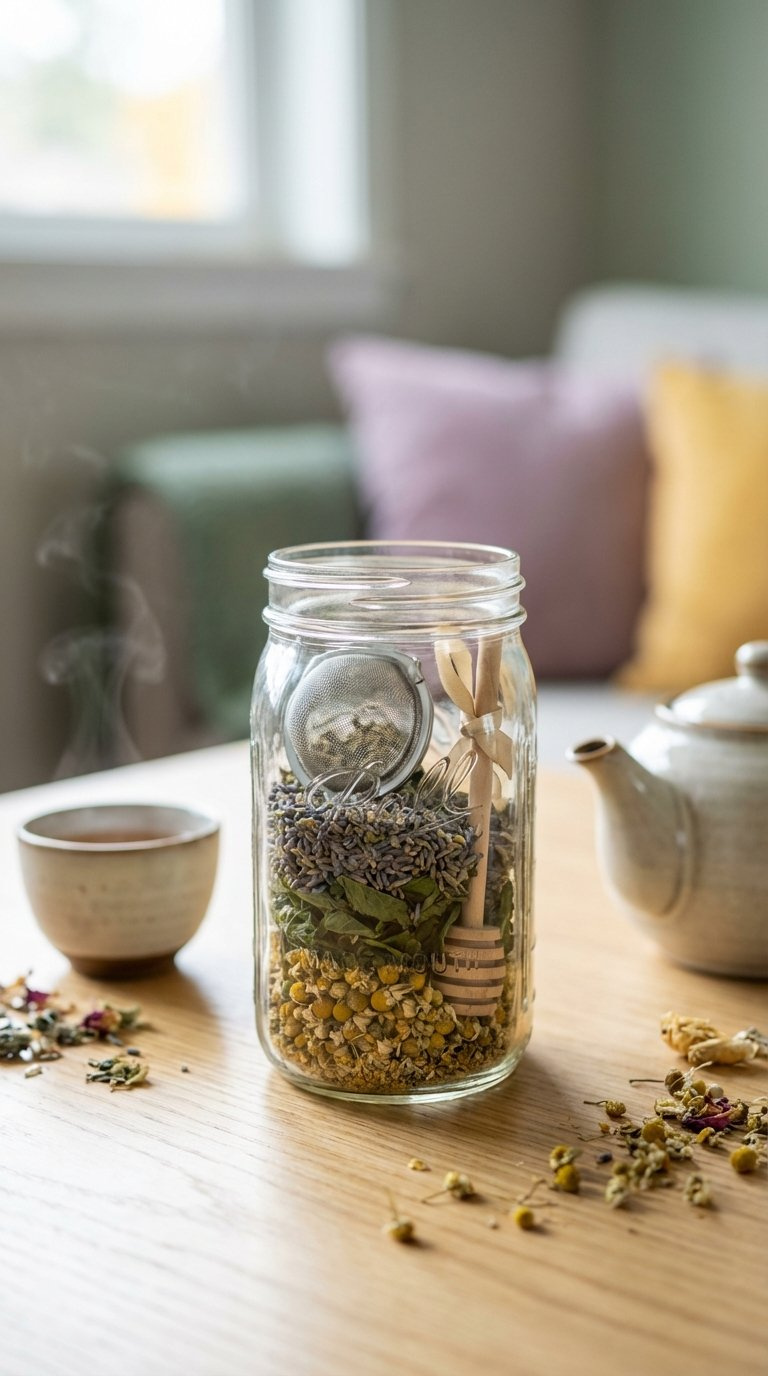 Herbal Tea Infusion Kit In Mason Jar With Dried Herbs, Tea Infuser, And Honey Stick On Light Wooden Surface