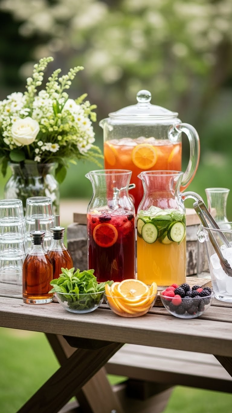 Herbal-Infused Iced Tea Bar Setup With Various Glass Pitchers And Fresh Garnishes On Rustic Wooden Table