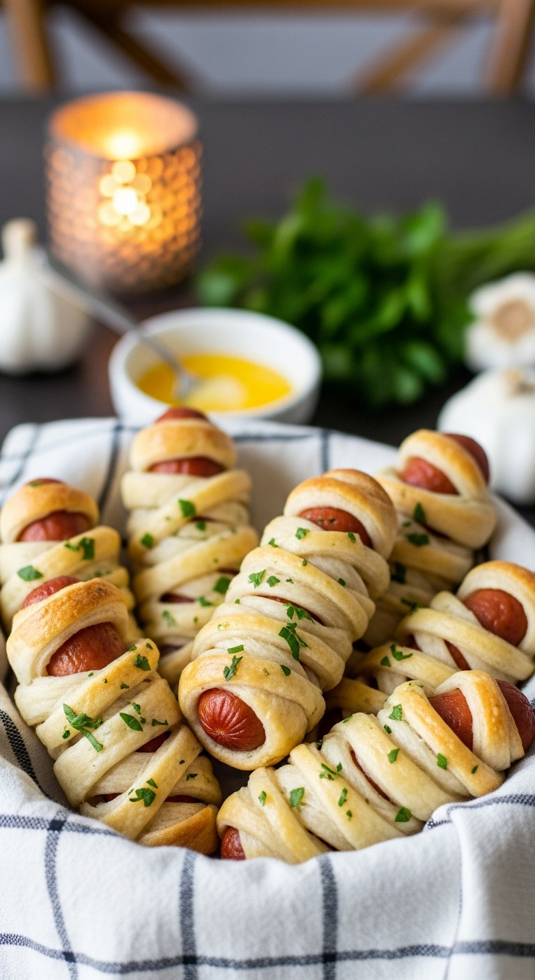 Herby Garlic Bread Mummy Dogs In A Checkered Basket With Melted Garlic Butter And Fresh Parsley For A Party