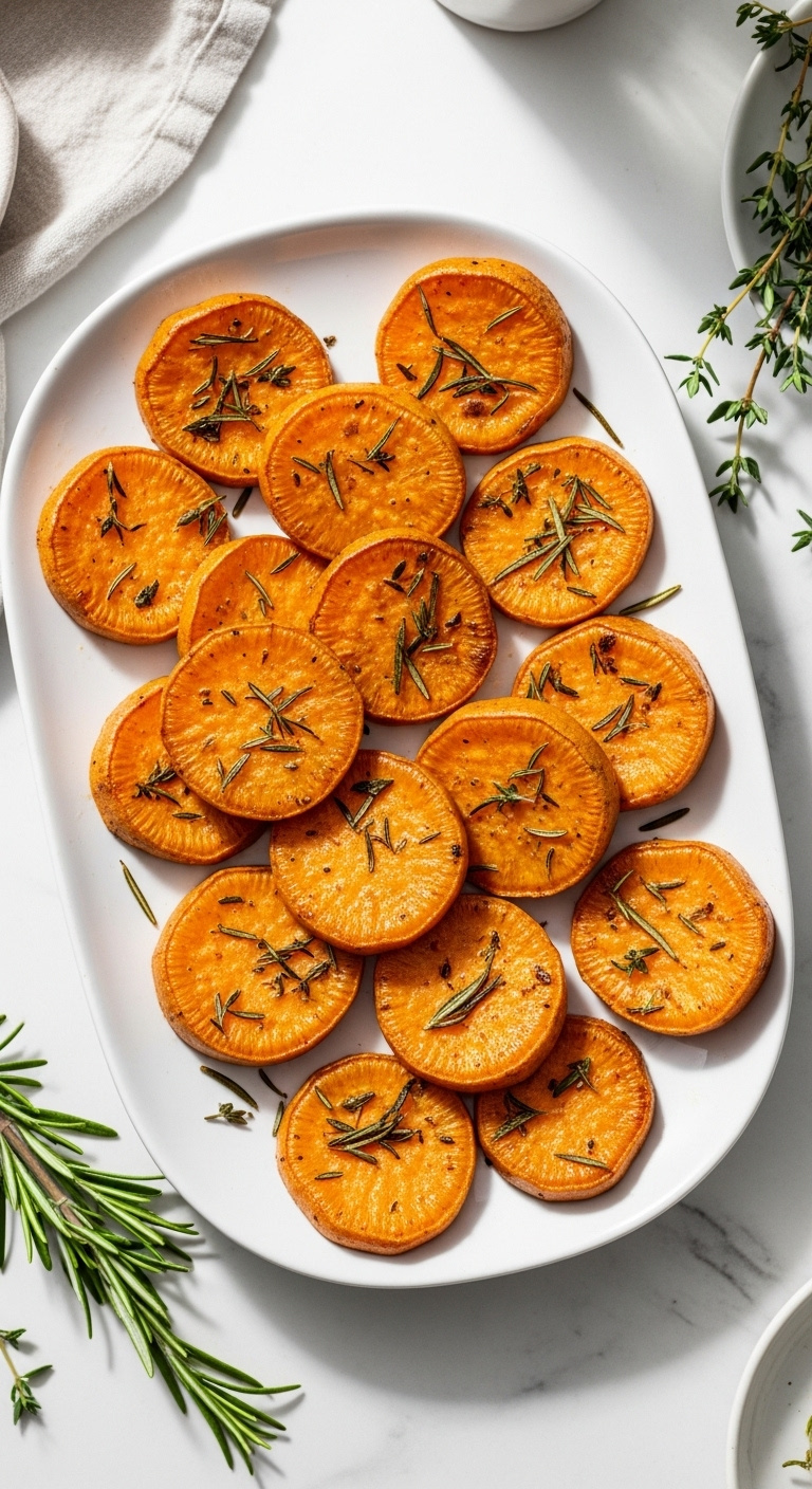 Herby Rosemary And Thyme Roasted Sweet Potato Medallions On A White Platter With Fresh Herbs On Marble