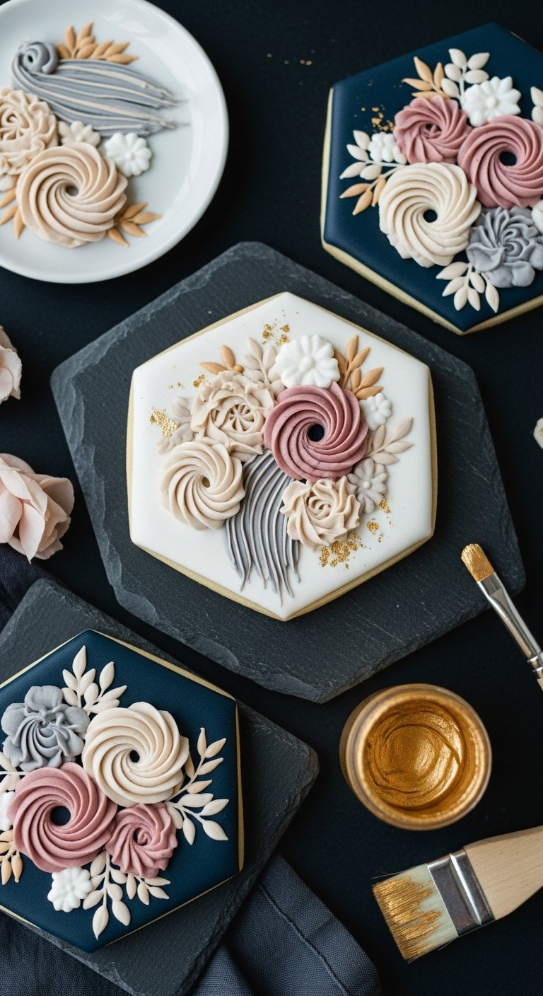 Hexagonal Navy Sugar Cookie With Abstract Floral Swirls And Edible Gold Accents On Slate.