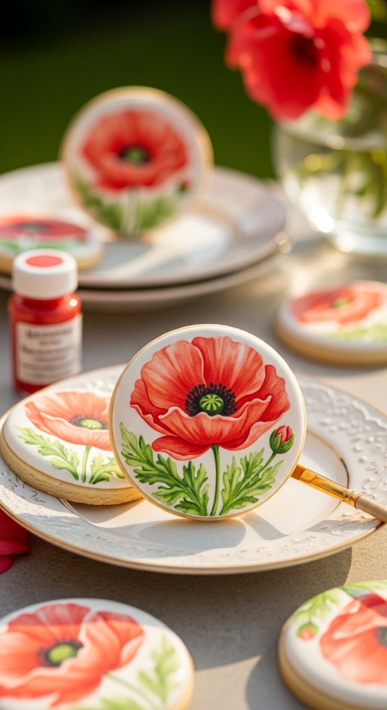 Hexagonal Sugar Cookie Showcasing Watercolor Poppy Design In Red-Orange And Green On Vintage Plate.