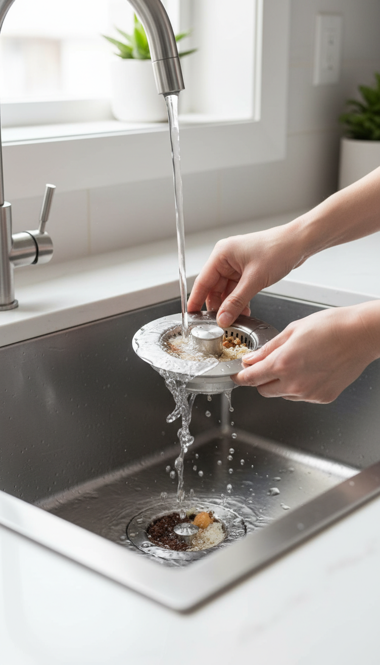 A Photo Collage Showing The Testing Process: The Strainer Being Installed, The Basket Full Of Food Debris After A Day's Use, And The Sink Filled With Water Held By The Pop-Up Stopper.
