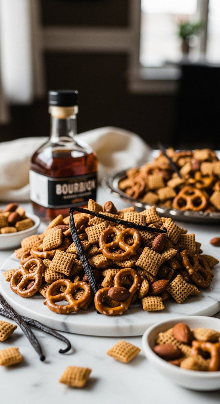 High-Angle Gourmet Brown Butter Bourbon Vanilla Chex Mix, Glazed Wheat Chex, Almonds, Bourbon Bottle. Elegant Snack.