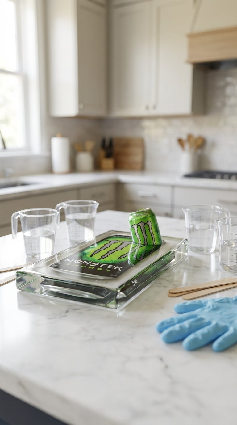 High-Gloss Epoxy Resin Coating Flattened Monster Energy Can Art With Submerged Claw Logo On Marble Surface