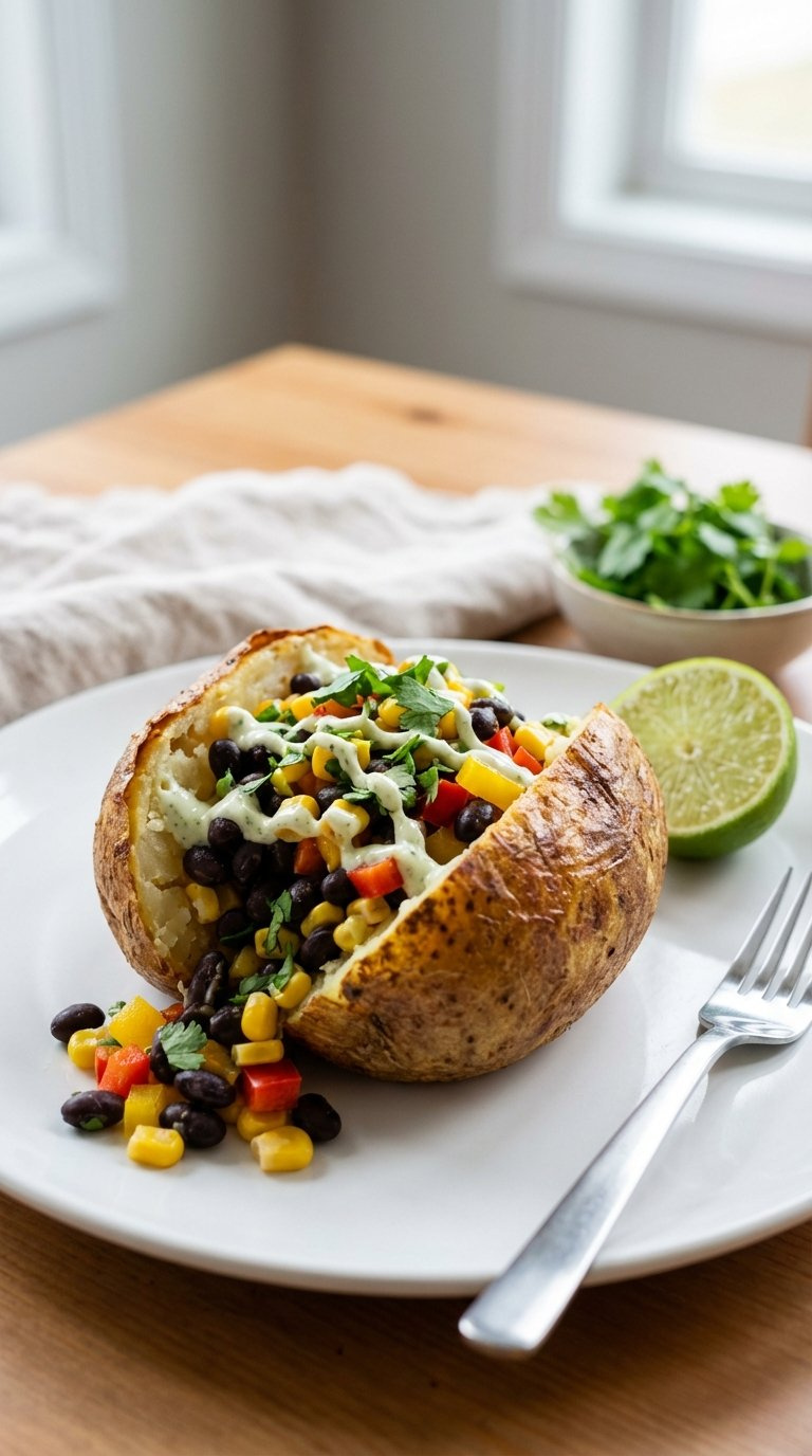 High-Protein Black Bean And Corn Baked Potato With Bell Peppers, Cilantro And Lime Crema On White Ceramic Plate