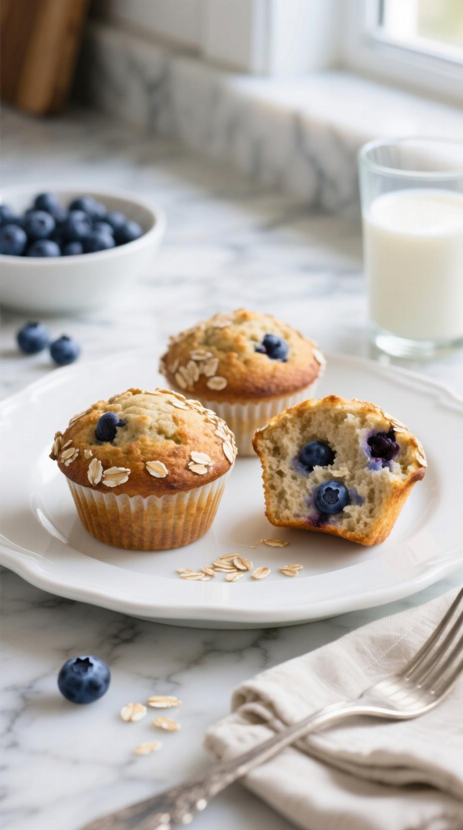 High Protein Blueberry Oat Muffins On A White Plate With Fresh Blueberries And Milk On A Marble Counter In Natural Light