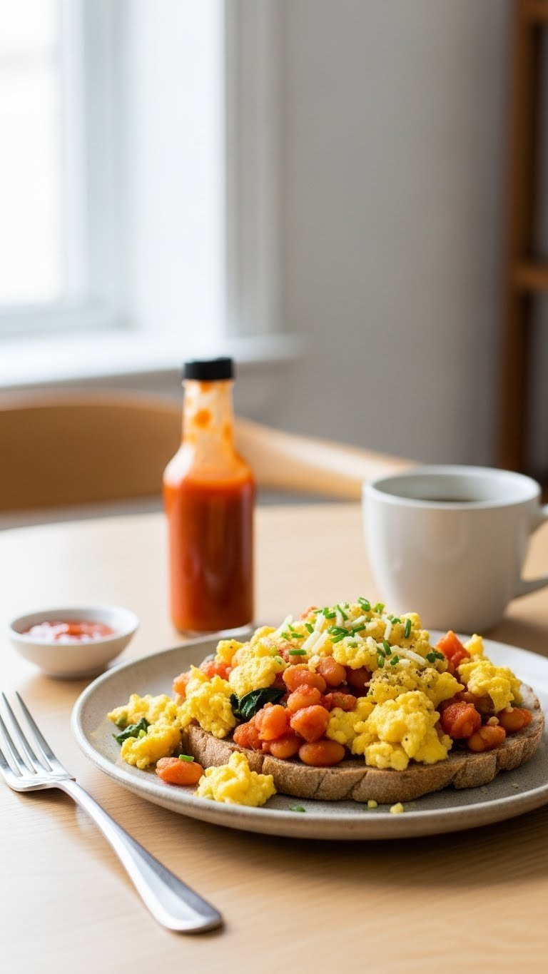 High-Protein Breakfast-For-Dinner Bean Scramble With Fluffy Eggs, Baked Beans, And Sautéed Vegetables