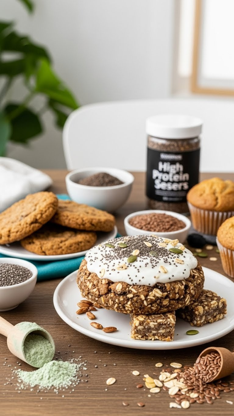High Protein Oatmeal Cookies, Protein Bars, And Fiber-Rich Muffins With Chia Seeds And Flax Seeds On Wooden Table